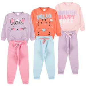 Kit 3 Blusa e Calça Menina - Gatinha/Hello/Happy Smile