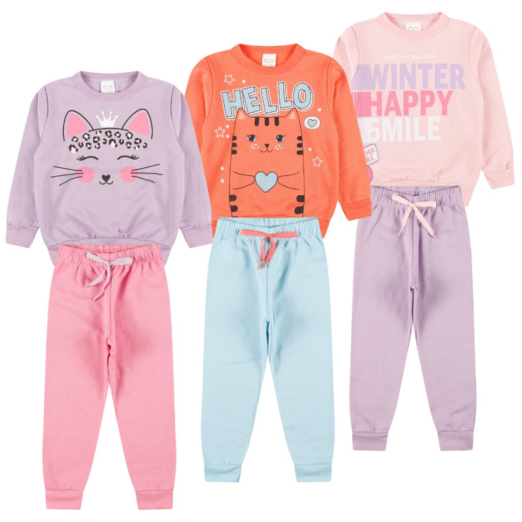 Kit 3 Blusa e Calça Menina - Gatinha/Hello/Happy Smile
