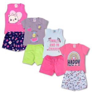 Kit 4 Conjuntos Camisa e Shorts - Gata/Frutinhas/Unicórnio/Happy