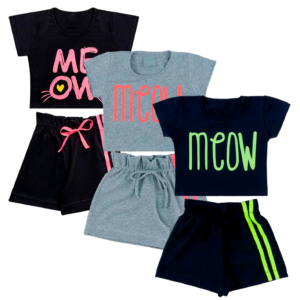 Kit 3 Conjuntos Camisa e Shorts - Preto/Cinza/Verde