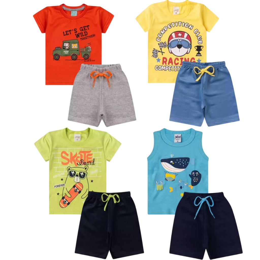 KIT 4 CONJUNTOS CAMISA E SHORTS- CARRO/CACHORRO/SKATE/MAR