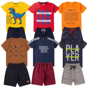 KIT 6 CONJUNTOS CAMISA E SHORTS- DINO/PLAYER/SHARK/CANGURU/COOLKIDS/PLAYER2