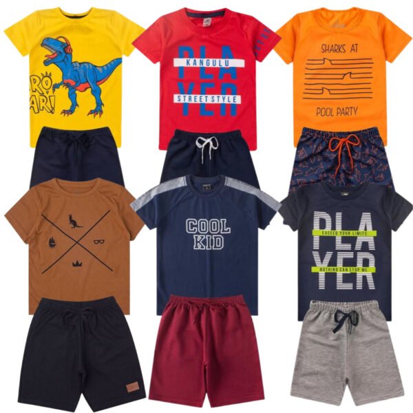 KIT 6 CONJUNTOS CAMISA E SHORTS- DINO/PLAYER/SHARK/CANGURU/COOLKIDS/PLAYER2