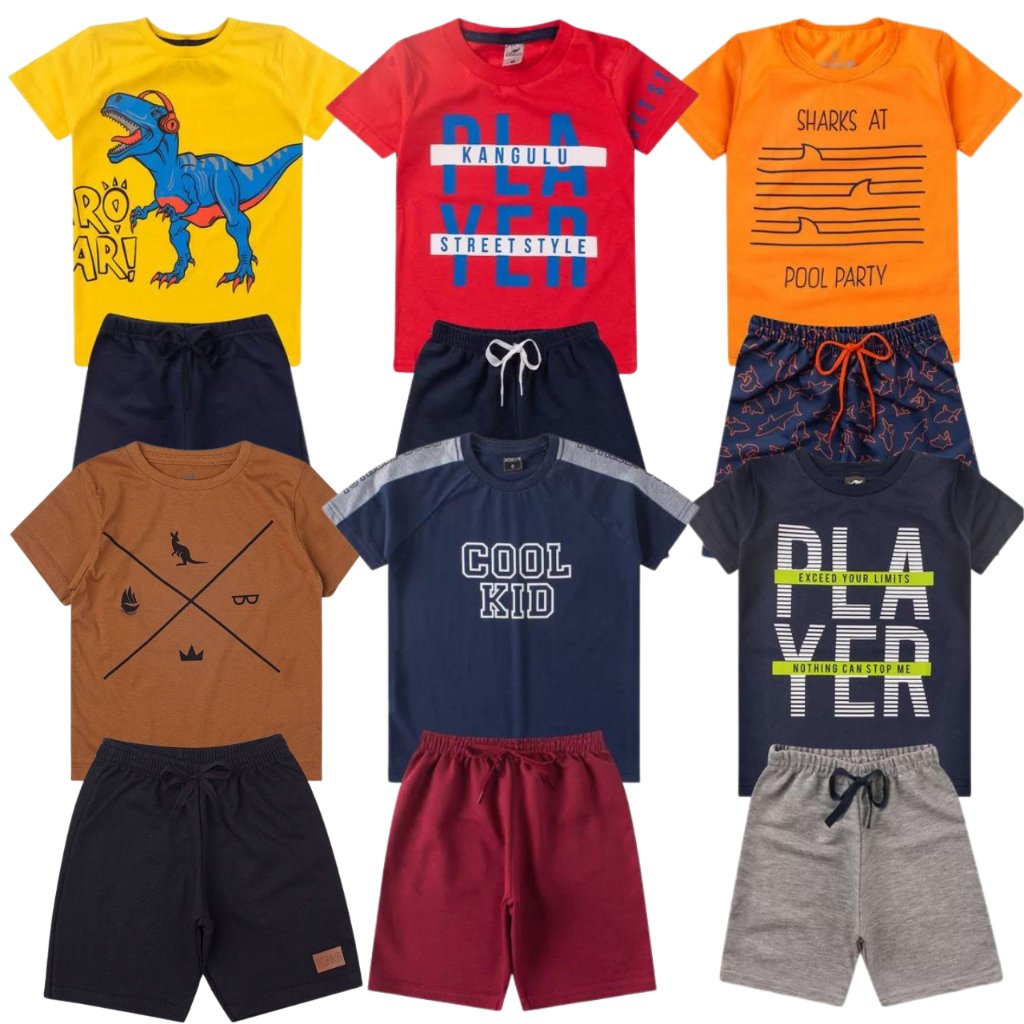 KIT 6 CONJUNTOS CAMISA E SHORTS- DINO/PLAYER/SHARK/CANGURU/COOLKIDS/PLAYER2
