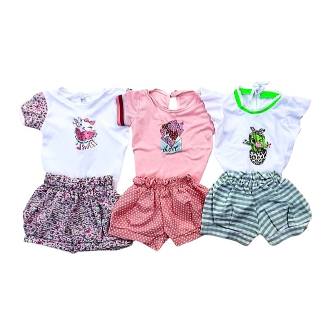 KIT 3 CONJUNTOS BLUSINHA E SHORTS- GATINHA/LOVE/CACTO