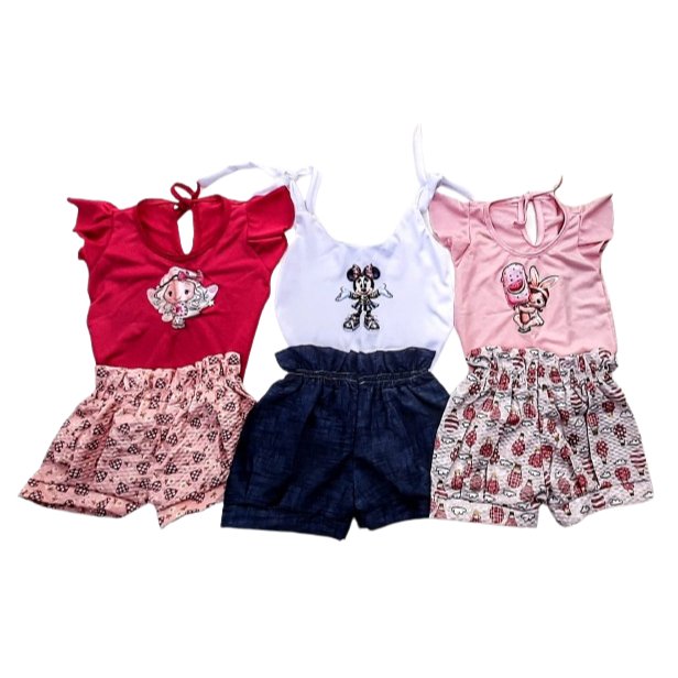 KIT 3 CONJUNTOS BLUSINHA E SHORTS- FADA/MINNIE/BONECA