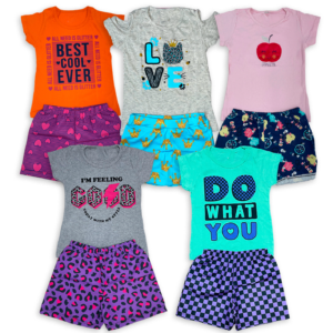 Kit 5 Conjuntos de Camisa e Shorts - Best/Love/Maçazinha/GoGo/What