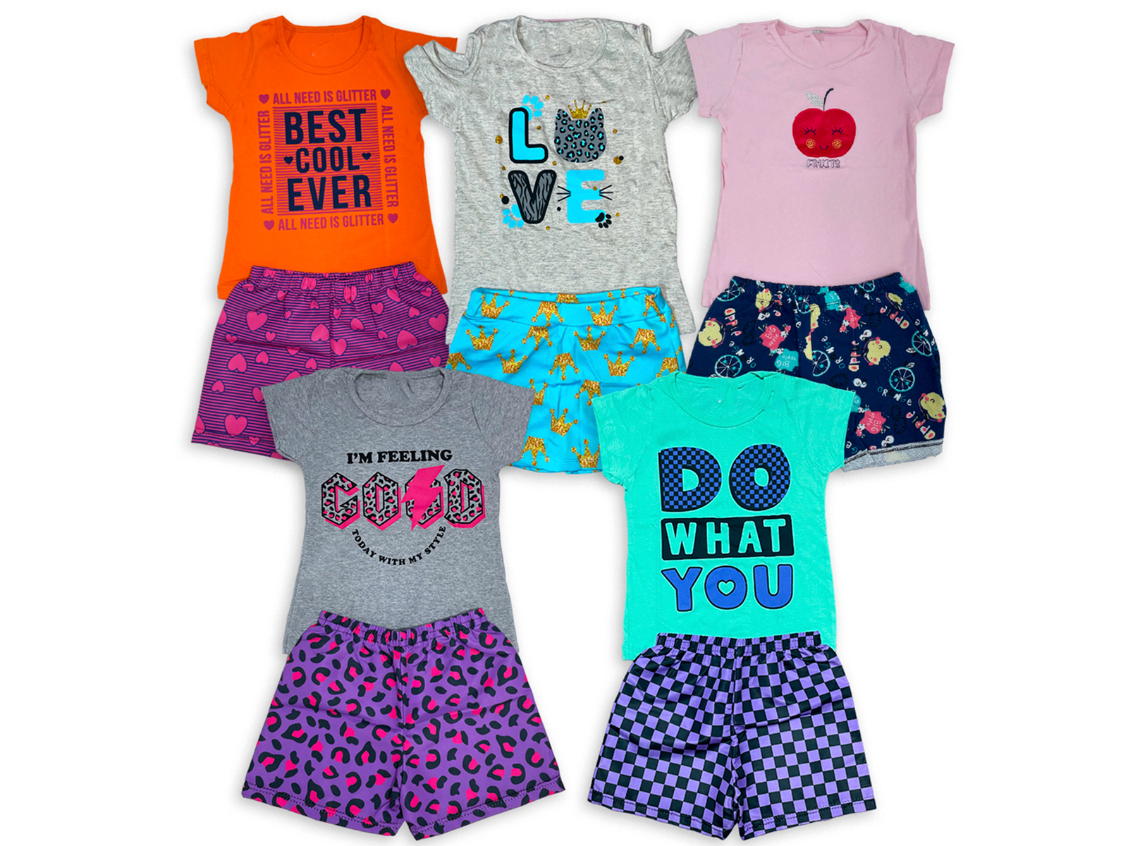 Kit 5 Conjuntos de Camisa e Shorts - Best/Love/Maçazinha/GoGo/What