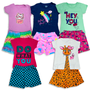 Kit 5 Conjuntos de Camisa e Shorts - Gata/Estrela/Hey You/What/Girafa
