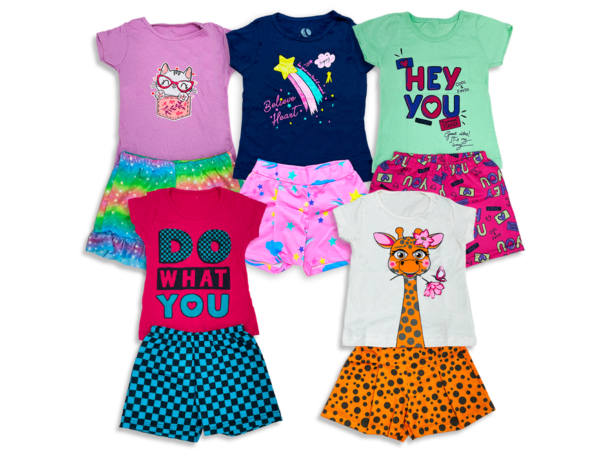 Kit 5 Conjuntos de Camisa e Shorts - Gata/Estrela/Hey You/What/Girafa