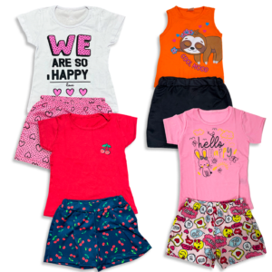 Kit 4 Conjuntos de Camisa e Shorts - Happy/Preguiça/Cereja/Coelho