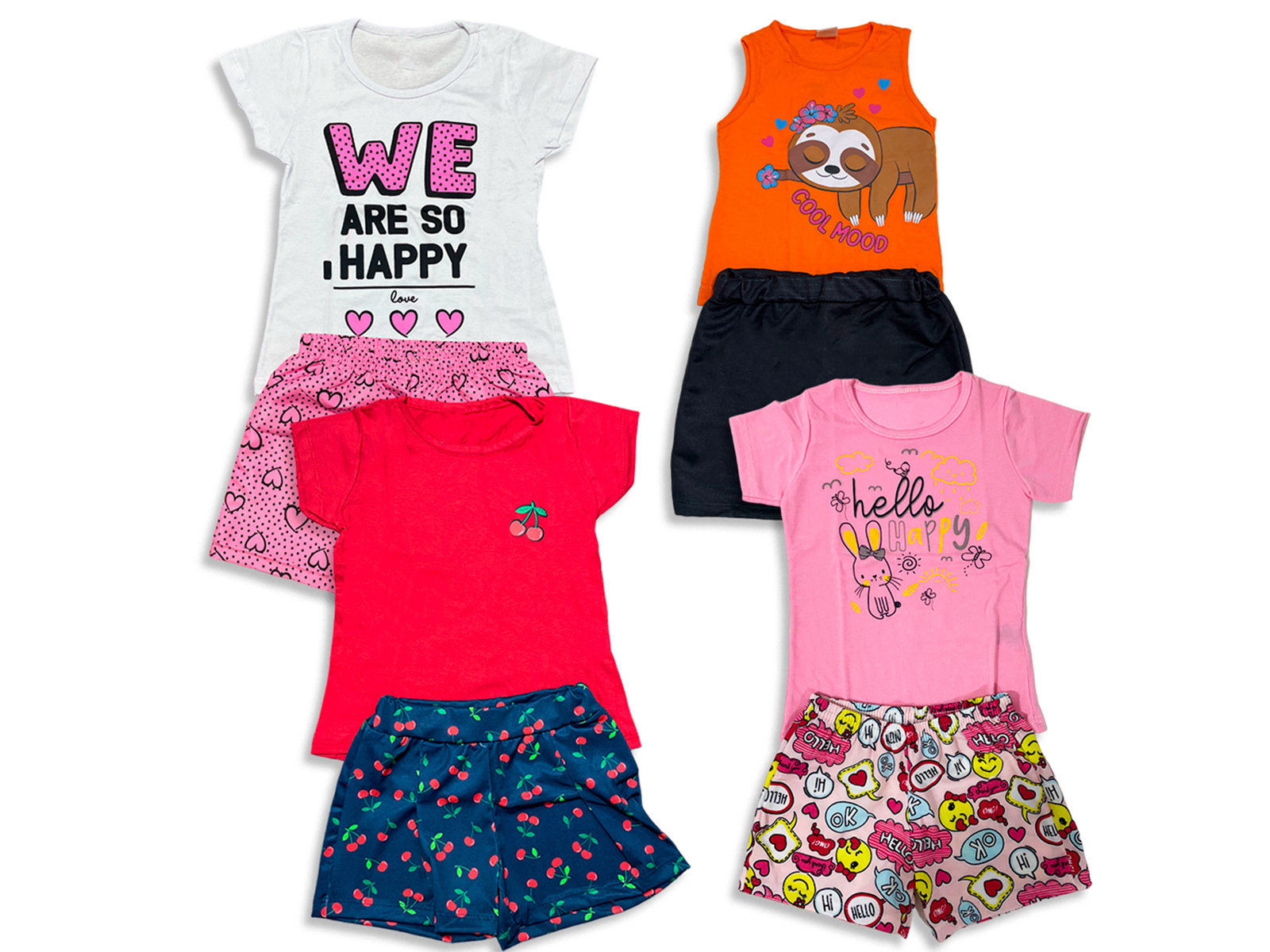 Kit 4 Conjuntos de Camisa e Shorts - Happy/Preguiça/Cereja/Coelho