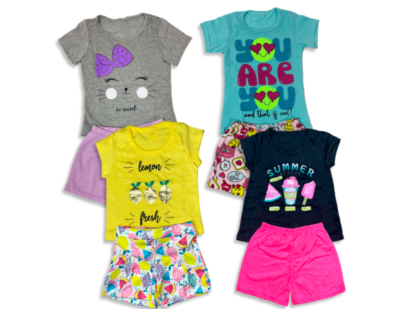 Kit 4 Conjuntos de Camisa e Shorts - Sorriso/Smile/Frutas/Sorvete