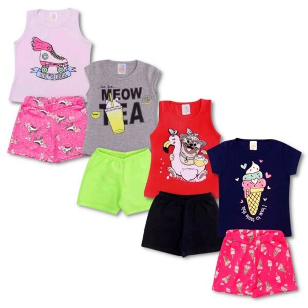 Kit 4 Conjuntos Camisa e Shorts - Patins/Milk-Shake/Cachorro/Sorvete