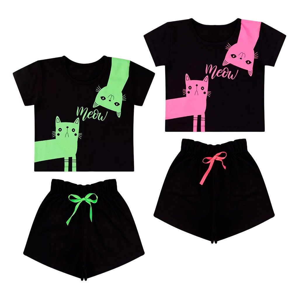 Kit 2 Conjuntos Camisa e Shorts Gatinha - Verde/Rosa