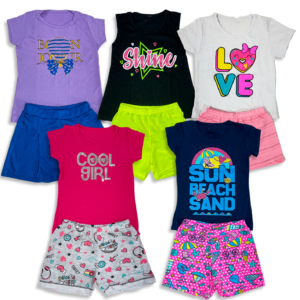 Kit 5 Conjuntos de Camisa e Shorts - Balão/Shine/Love/Girl/Praia