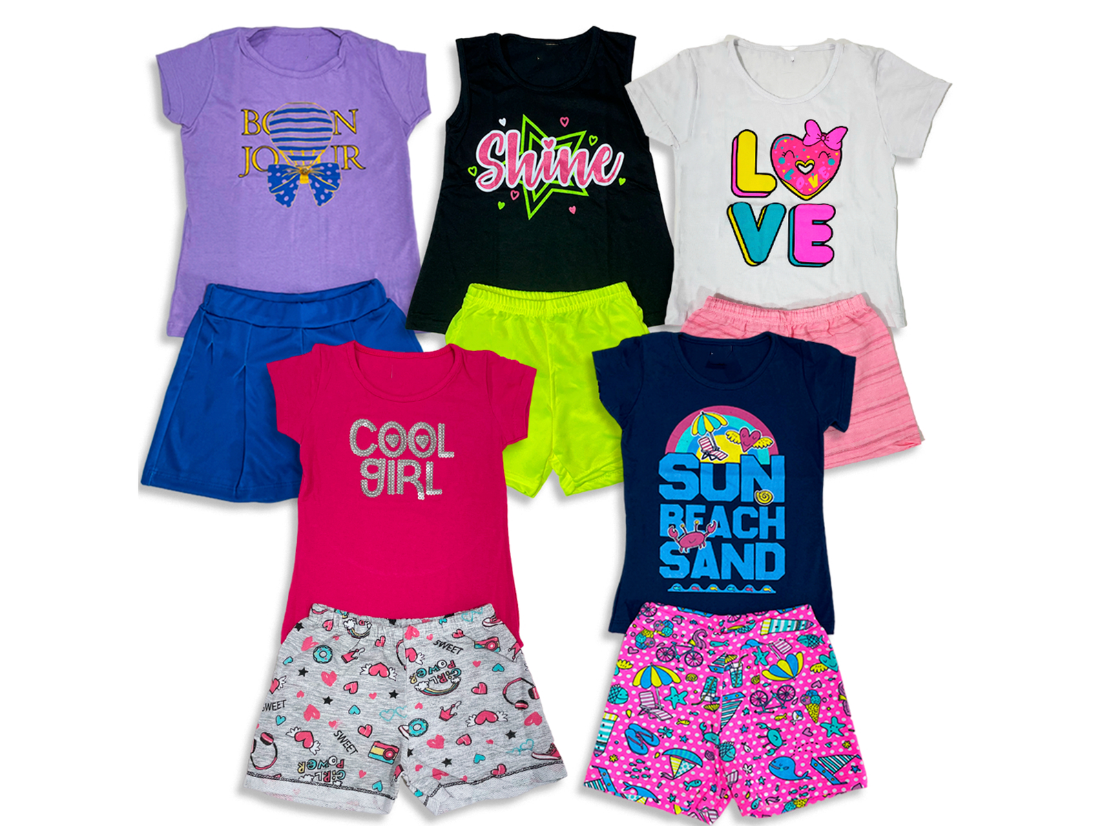 Kit 5 Conjuntos de Camisa e Shorts - Balão/Shine/Love/Girl/Praia