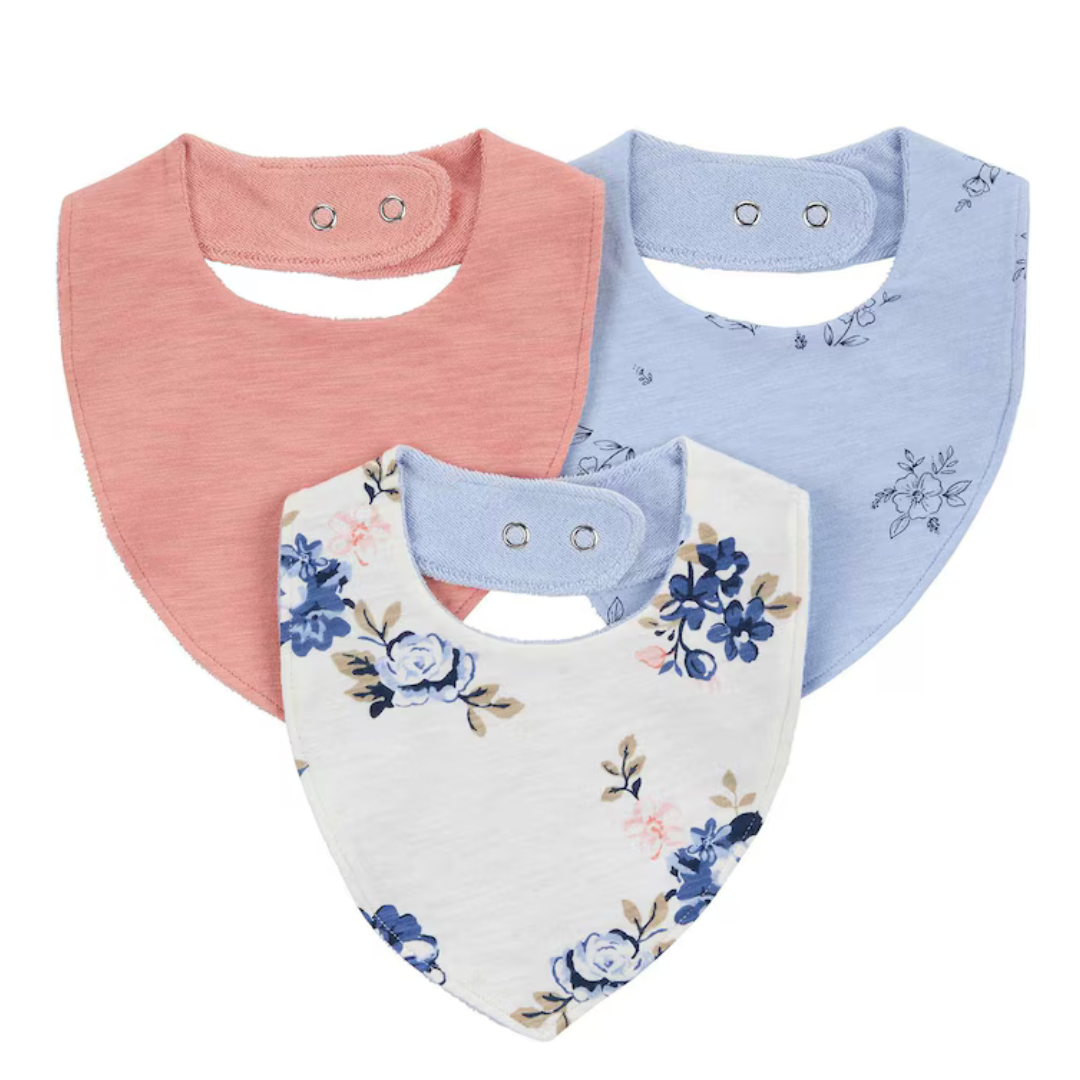 Kit babador bebê 3 peças floral com botões multicor